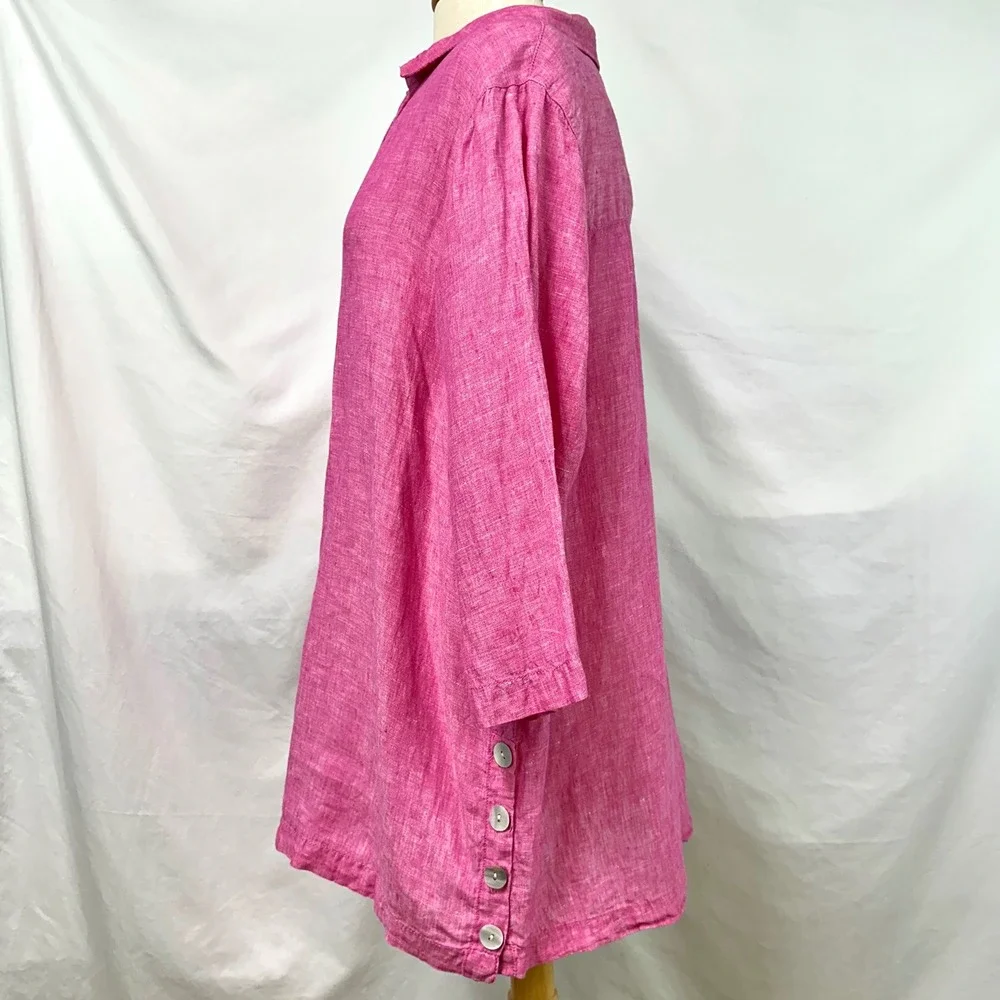 TAHARI Pink 100% Linen Tunic Top Collared Popover Side Buttons 2x Plus Lagenlook - Picture 4 of 8